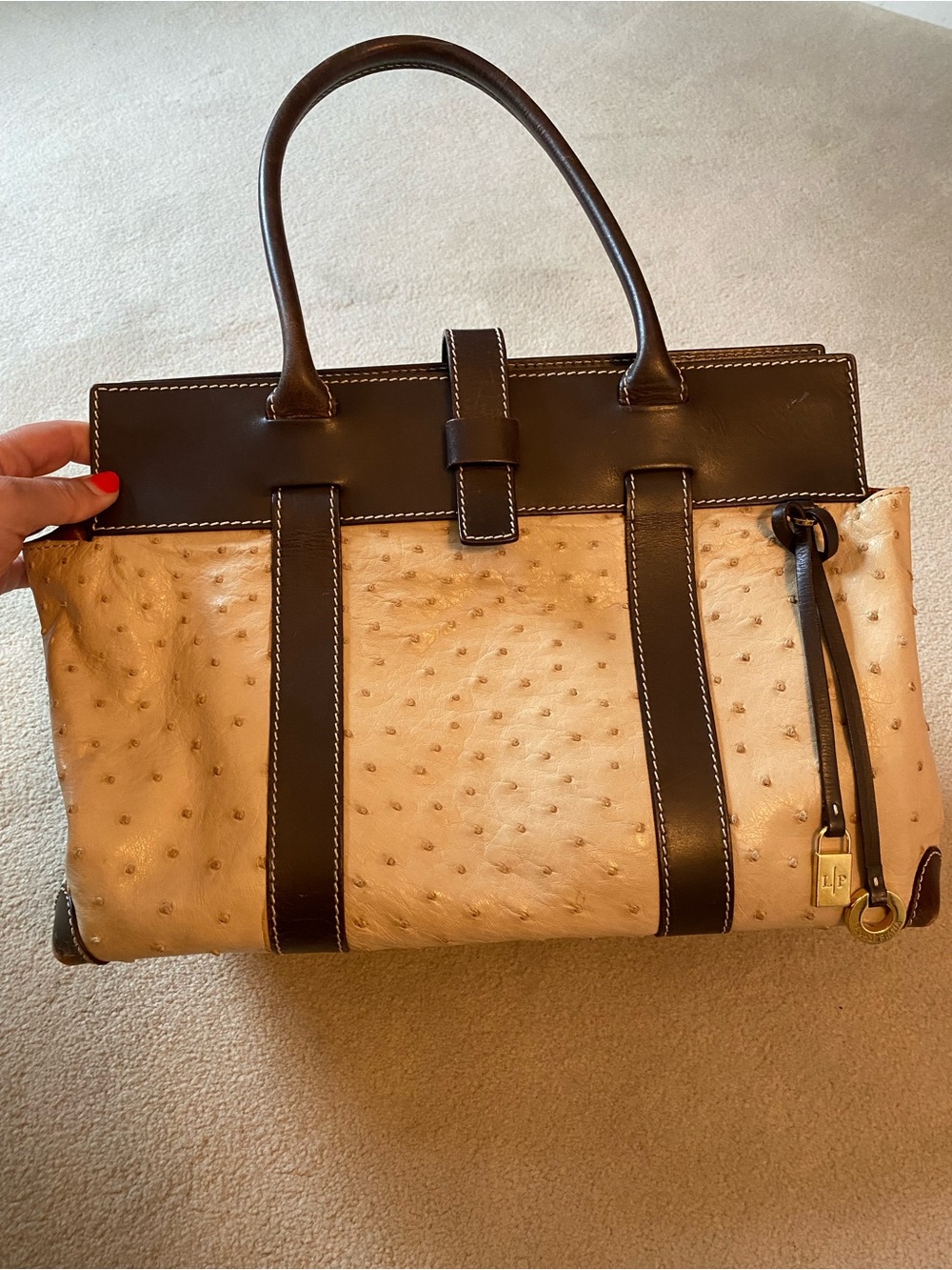 Two-Tone Ostrich-Effect Tote in Beige and Dark Brown